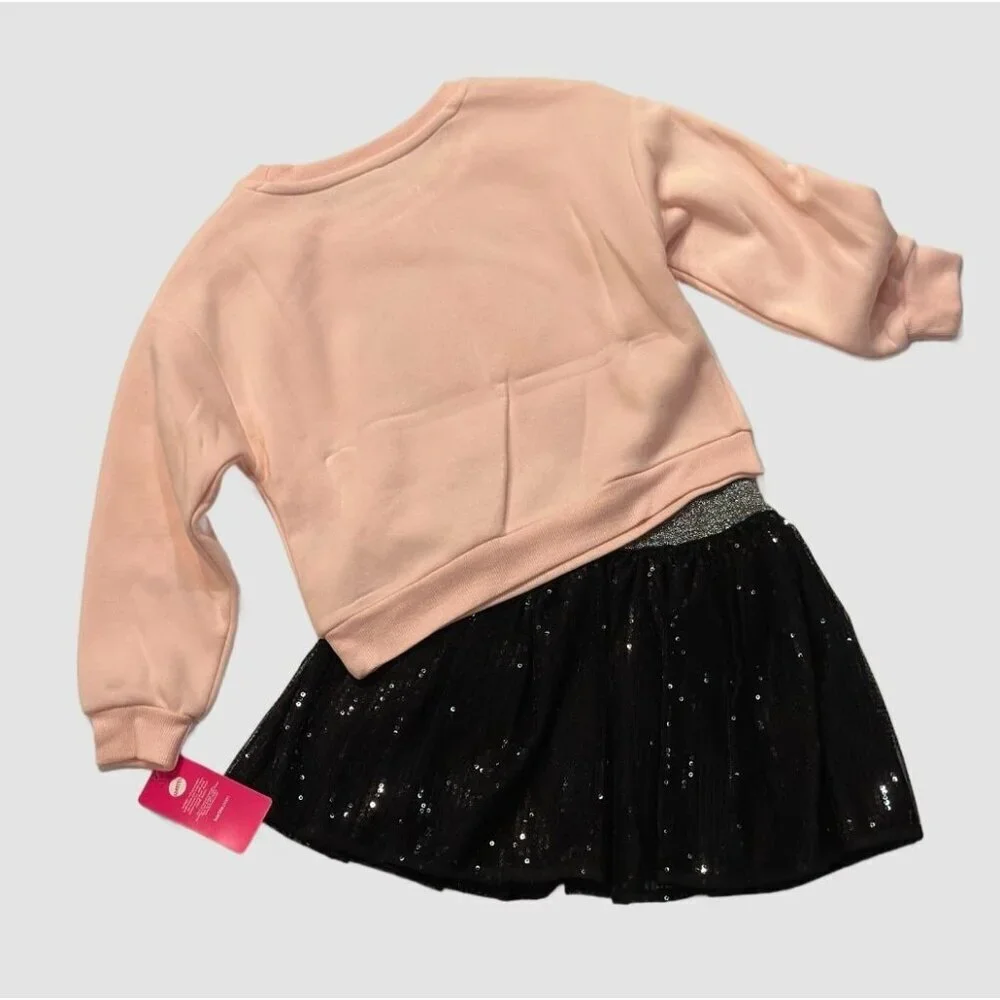 Barbie Girls Size 4/5 2PC Outfit NWT Pink Cozy Sweatshirt Black Tutu Skirt
